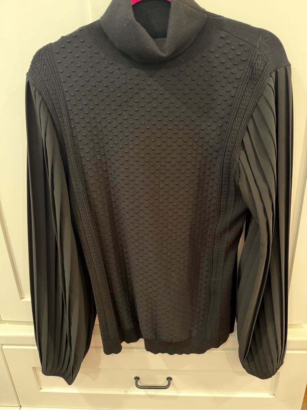 White House Black Market Black Textured Turtleneck with Pleated Long Sleeves